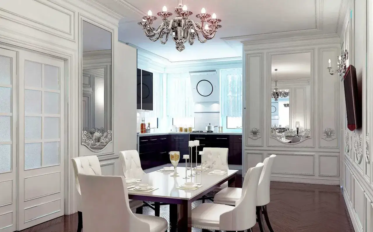 Elegancki salon w stylu włoskim z białymi meblami, lustrami i nowoczesną kuchnią w tle.