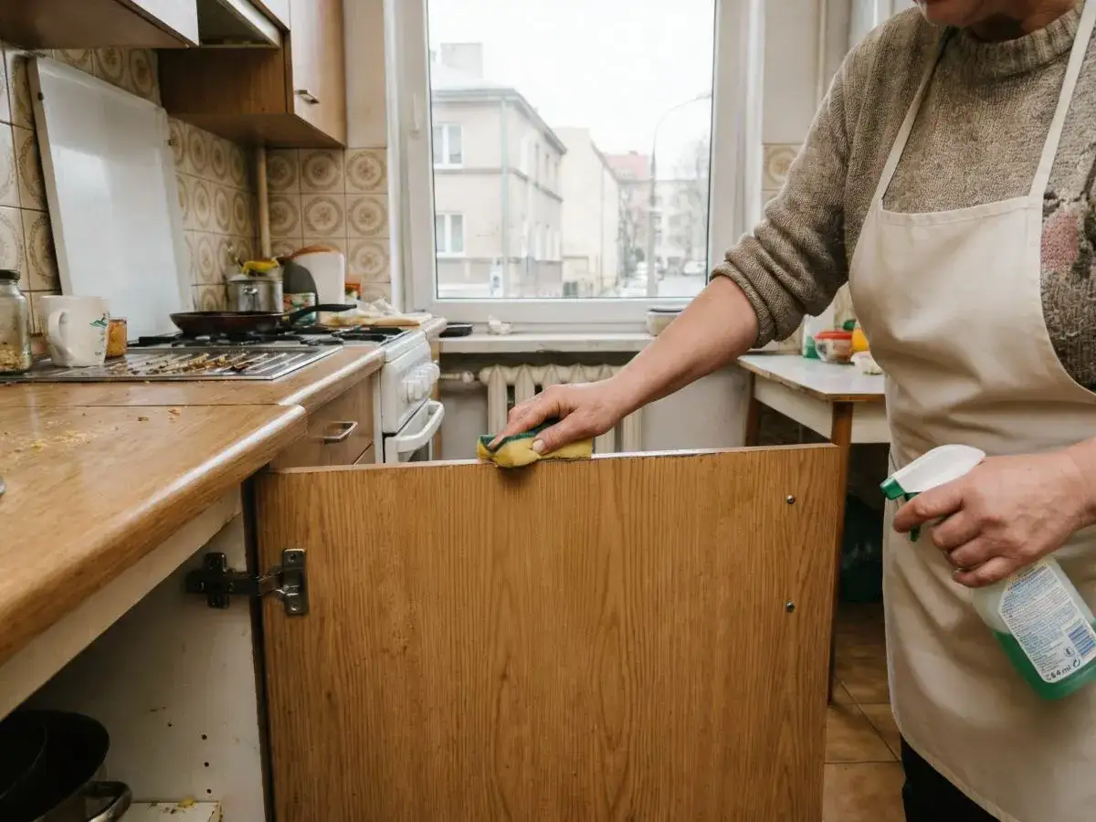 Kobieta w fartuchu czyści drewniane drzwiczki szafki kuchennej gąbką i płynem. Dowiedz się, czym odtłuścić meble, by lśniły czystością.