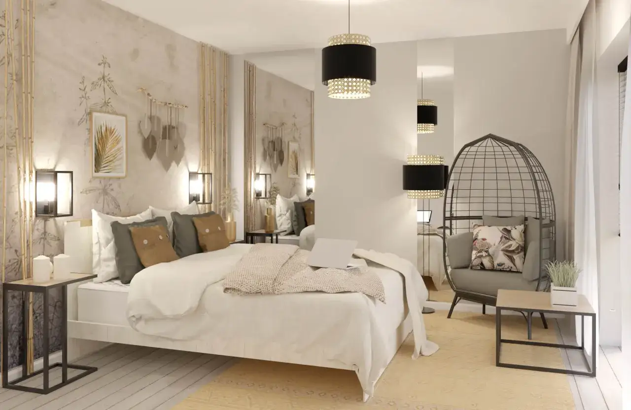 Przytulna sypialnia inspiracje: ł&oacute;żko z miękką pościelą, fotel w kształcie kuli, bambusowe akcenty i subtelna tapeta tworzą relaksującą atmosferę.