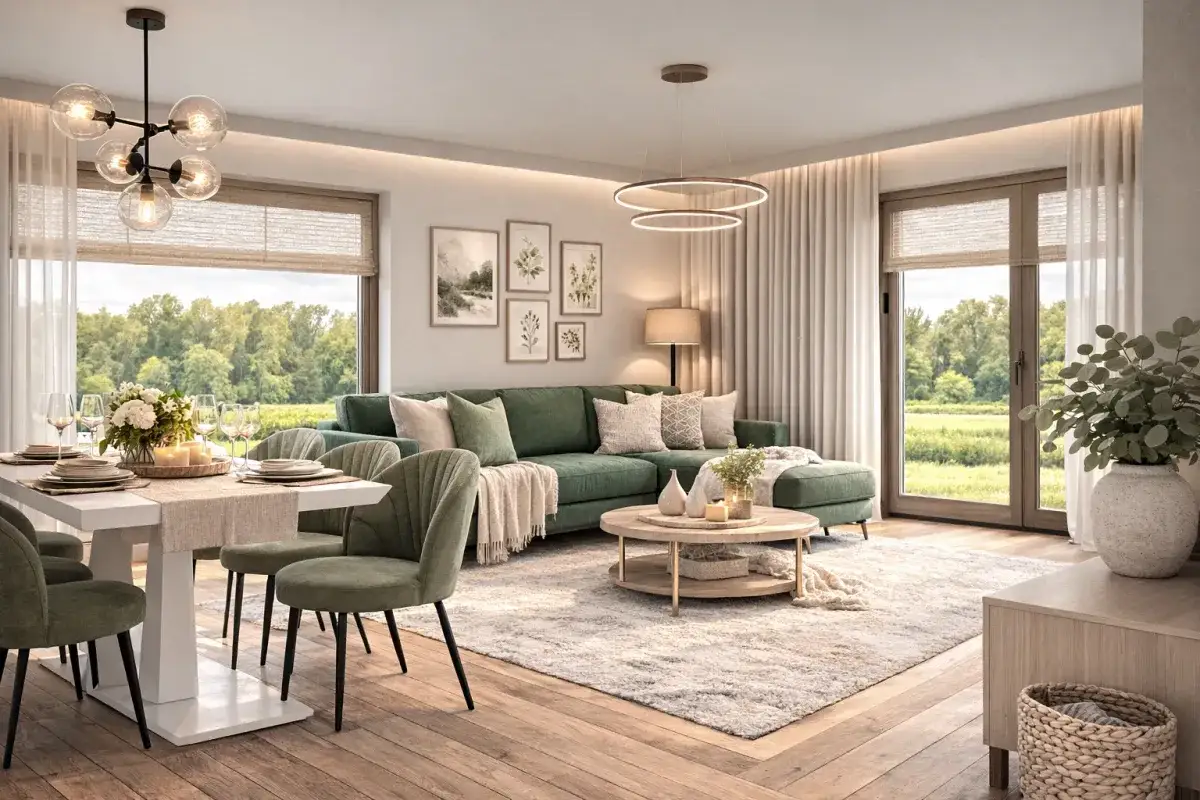 Zielony salon inspiracje: wygodna sofa, st&oacute;ł z krzesłami, okna z widokiem na naturę.