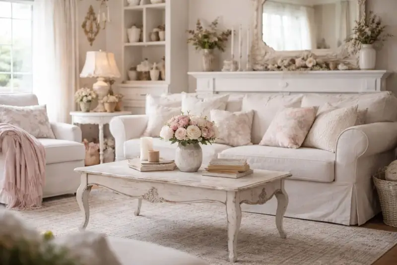 Przytulny salon w stylu shabby chic. Jasna sofa, fotele, stolik kawowy i dekoracje tworzą romantyczną atmosferę.