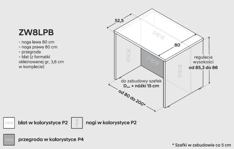 Minimalne wymiary wyspy kuchennej: 80x52,5 cm. Blat 3,6 cm, regulacja wysokości 85,3-86 cm.